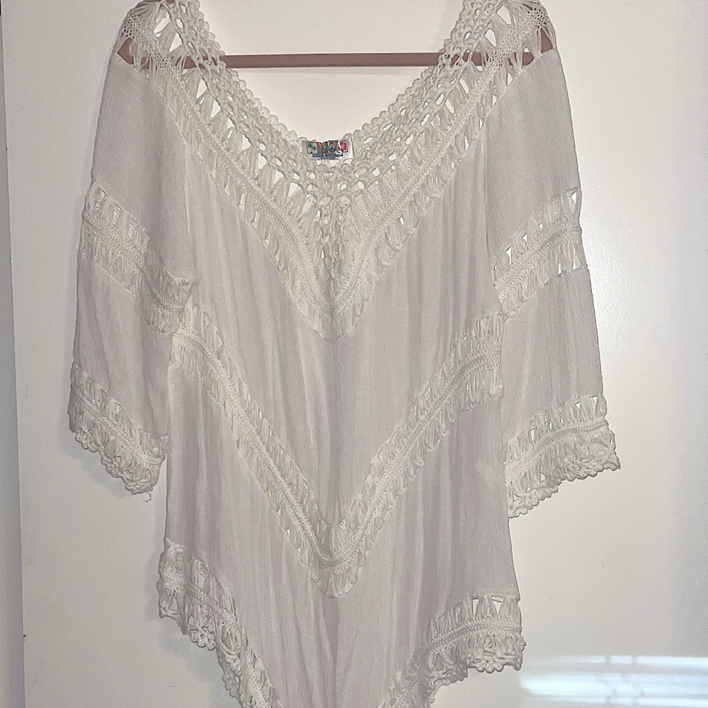 Womens L White Semi Sheer Gauze Eyelet  Tunic Top 3/4 Sleeves